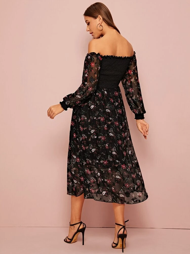 Svart Veckad Remsa Blommig Boho Klänningar | SHEIN SE Blommig klänning med bardot krage | SHEIN SE