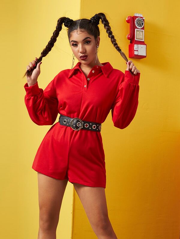 

Button Front Shirt Romper Without Belted, Red, Lucia