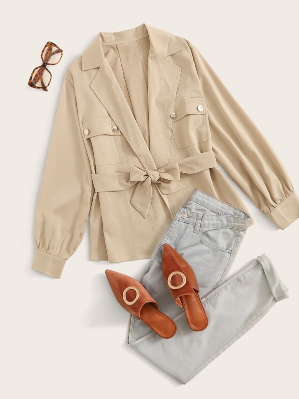 

Lapel Collar Flap Pockets Self Tie Jacket, Khaki
