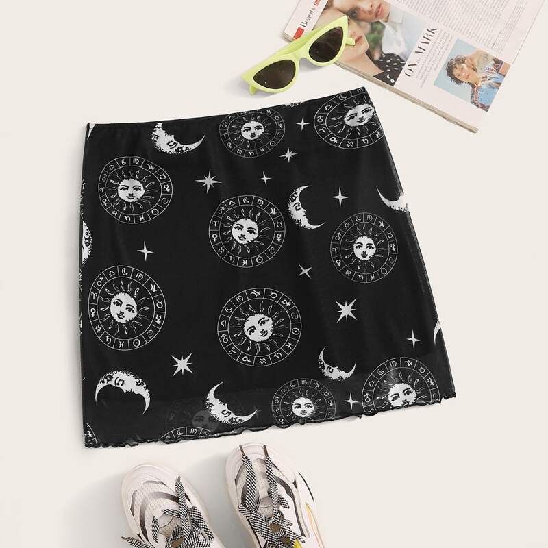 

Sun & Moon Print Lettuce Trim Straight Skirt, Black