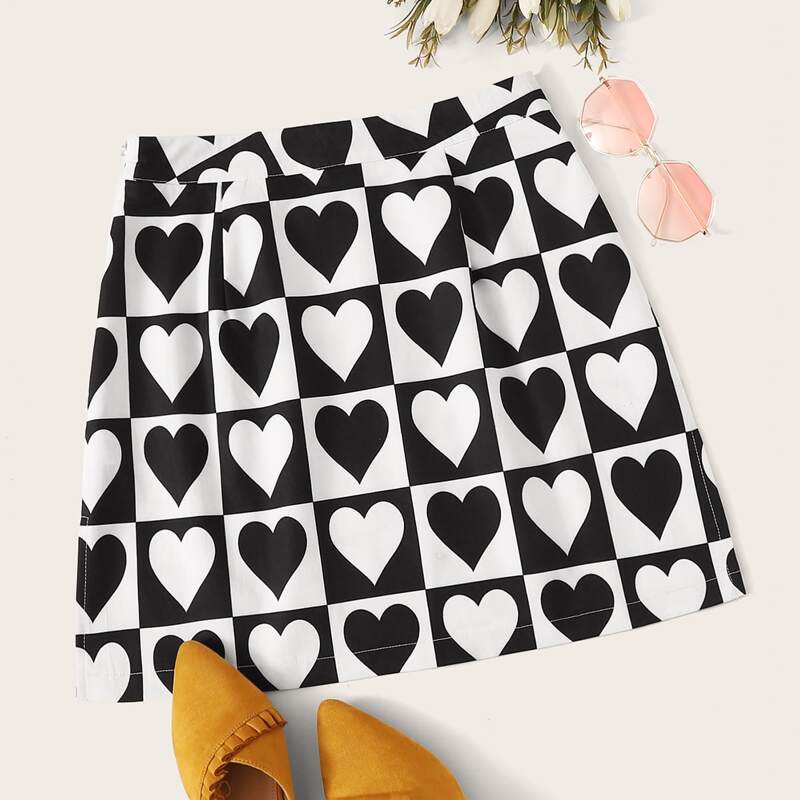 

Allover Heart Print Zipper A-line Skirt, Black and white