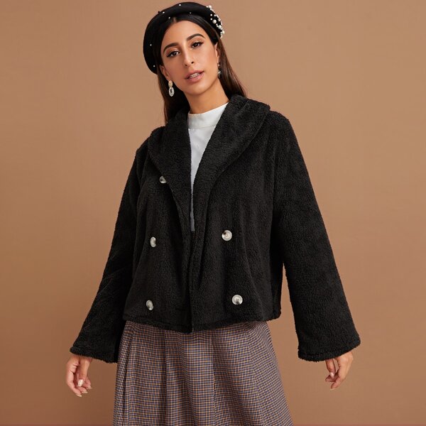 

Shawl Collar Double Breasted Teddy Coat, Black
