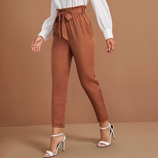 

Self Tie Paperbag Tailored Pants, Brown