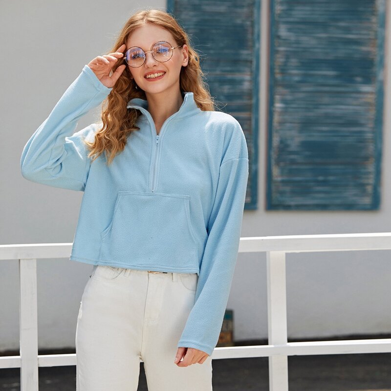 

Half Zip Kangaroo Pocket Sherpa Teddy Sweatshirt, Blue pastel