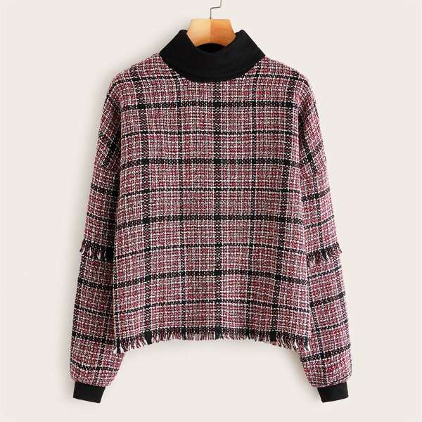 

Contrast Panel Plaid Raw Hem Tweed Sweatshirt, Multicolor