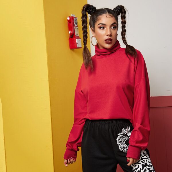 

High Neck Drop Shoulder Sweatshirt, Red