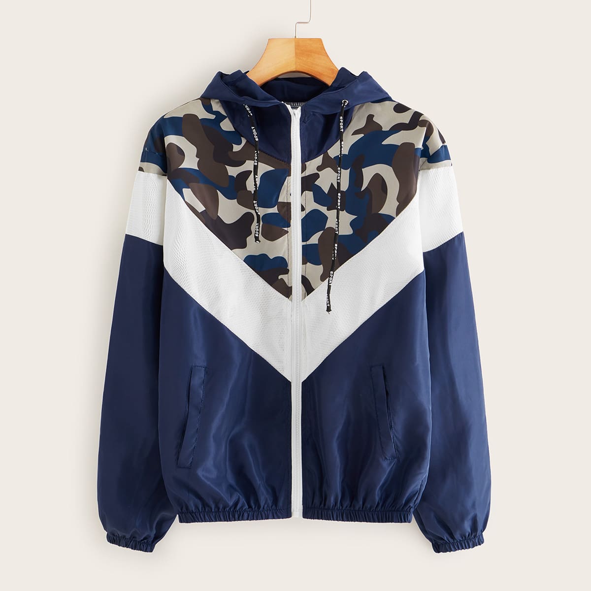

Contrast Fishnet Camo Print Hooded Windbreaker Jacket, Multicolor