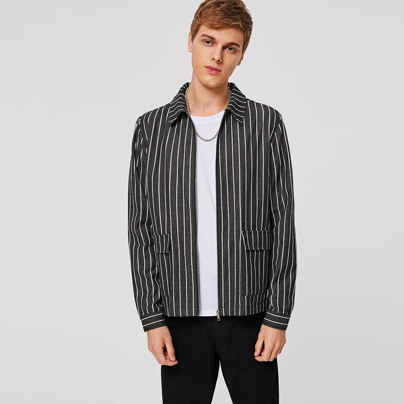 

Guys Striped Zip Up Flap Pocket Jacket, Black