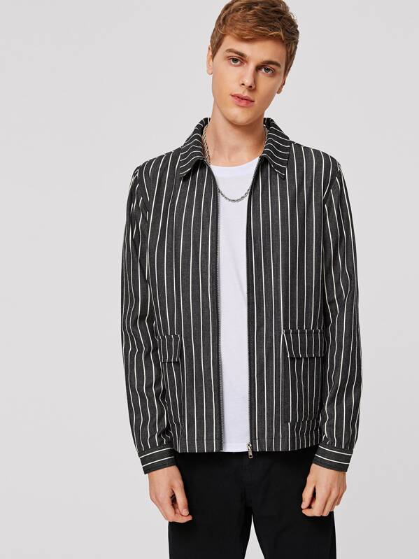 

Men Striped Zip Up Flap Pocket Jacket, Black, Aaron