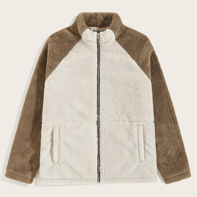 

Guys Zip Up Two Tone Raglan Sleeve Teddy Jacket, Beige