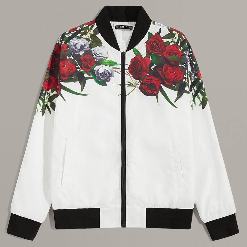 

Guys Floral Print Zipper Up Bomber Jacket, White