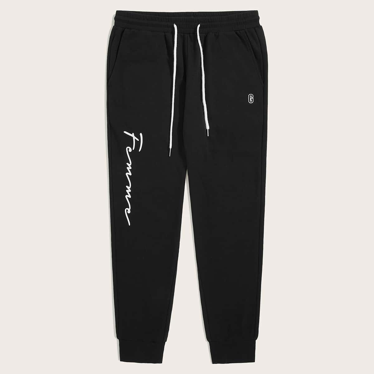 

Guys Drawstring Waist Letter Graphic Joggers, Black