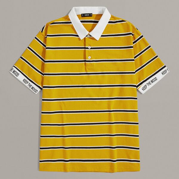 

Men Contrast Collar and Cuff Slogan Tape Detail Polo Shirt, Yellow bright