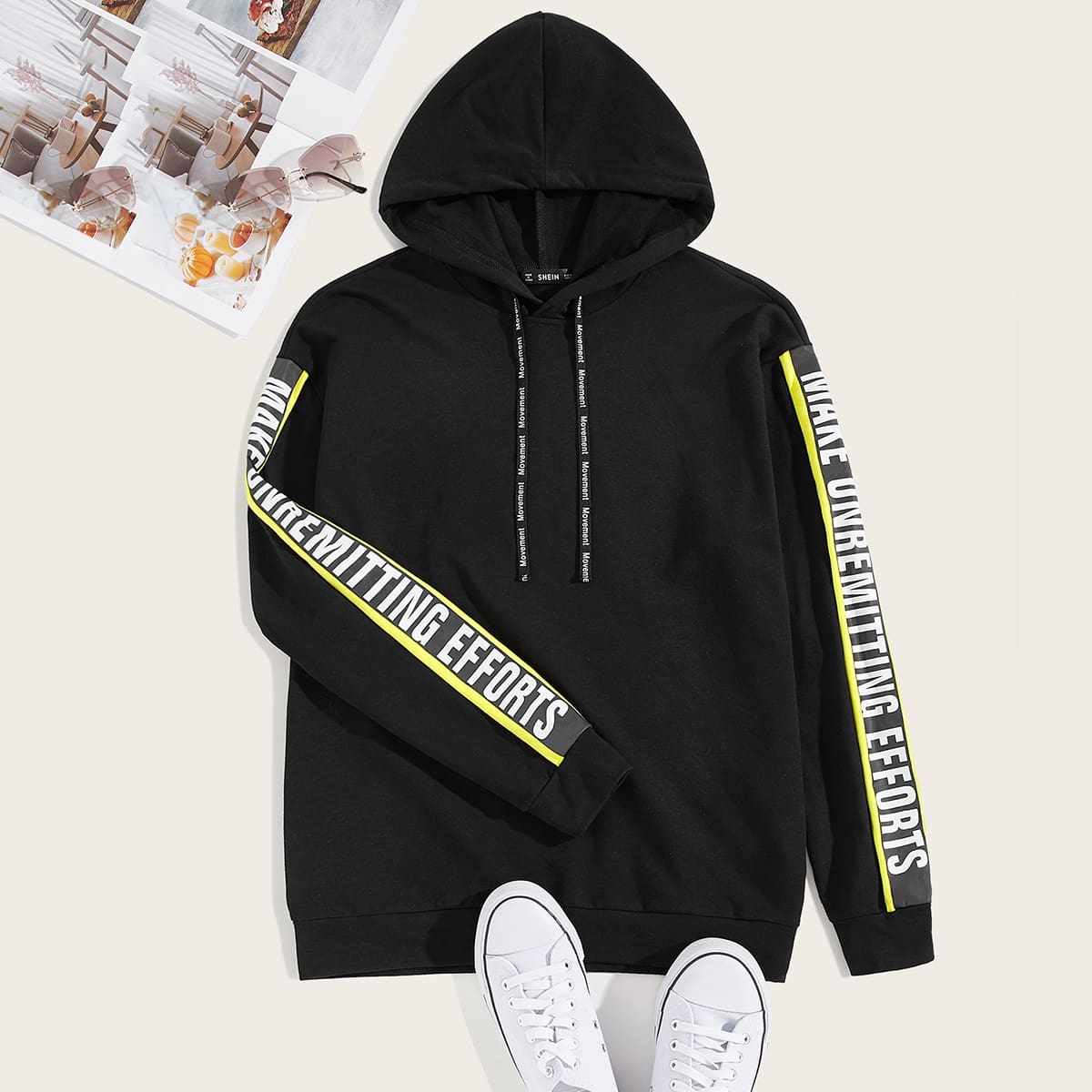 

Guys Slogan Tape Side Drawstring Hoodie, Black