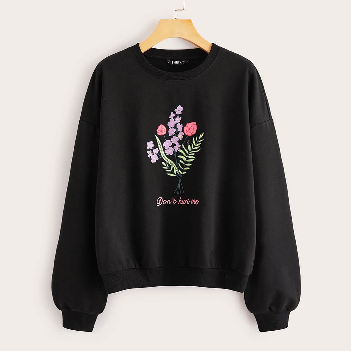

Drop Shoulder Slogan and Floral Print Pullover, Black