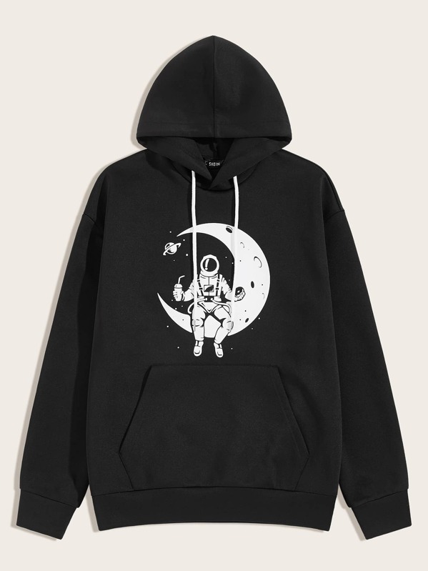 

Men Drop Shoulder Galaxy & Figure Print Drawstring Hoodie, Black