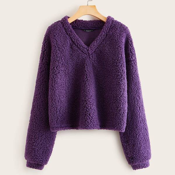 

V-neck Solid Teddy Pullover, Purple