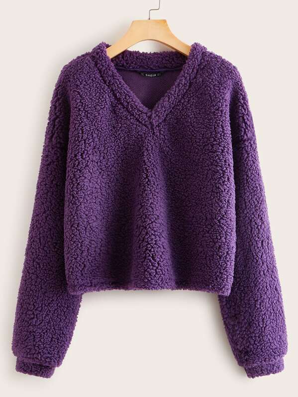 

V-neck Solid Teddy Pullover, Purple