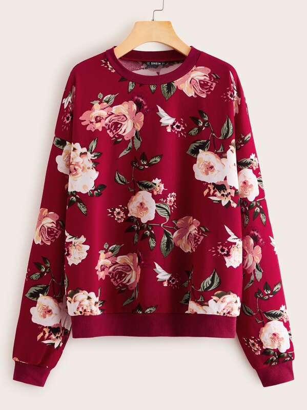 

Drop Shoulder Floral Print Pullover, Burgundy