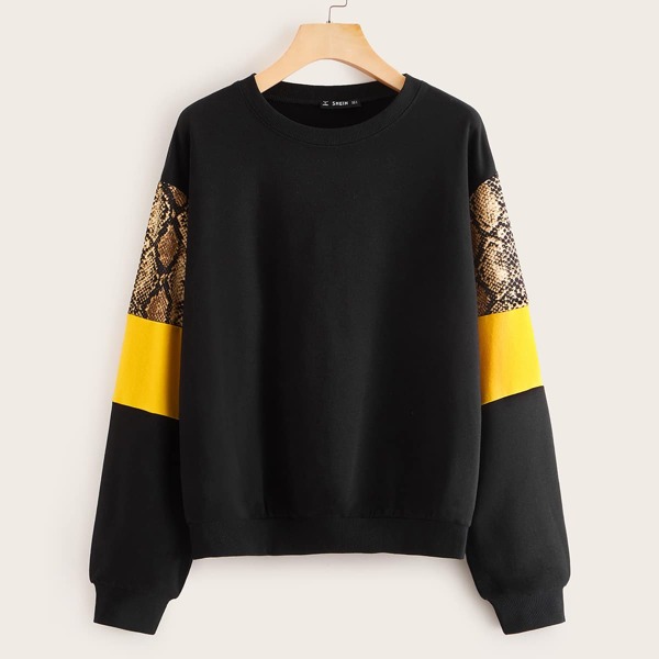 

Snakeskin Print Colorblock Sleeve Pullover, Black