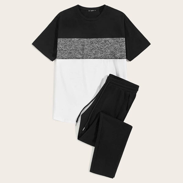 

Men Cut And Sew Tee & Drawstring Waist Sweatpants Set, Black and white