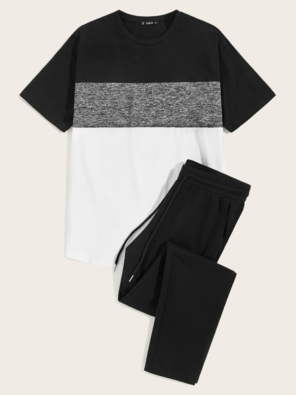 

Men Cut And Sew Tee & Drawstring Waist Sweatpants Set, Black and white
