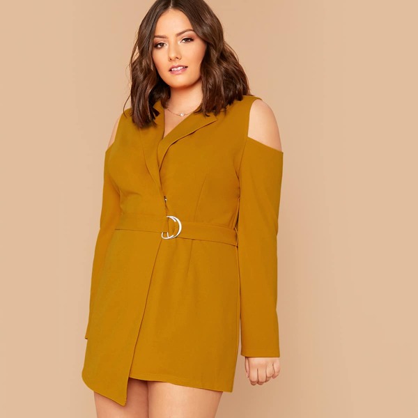 

Plus Cold Shoulder D-ring Belted Blazer Dress, Yellow