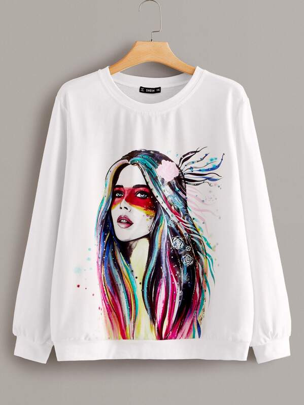 

Plus Rhinestone Detail Figure Print Sweatshirt, White