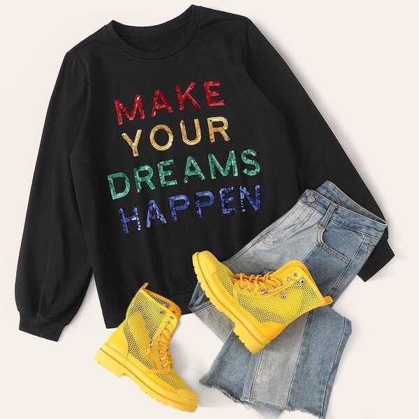 

Plus Sequin Slogan Lantern Sleeve Pullover, Black