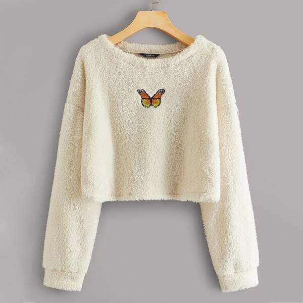 

Embroidered Butterfly Drop Shoulder Teddy Sweatshirt, Beige pastel
