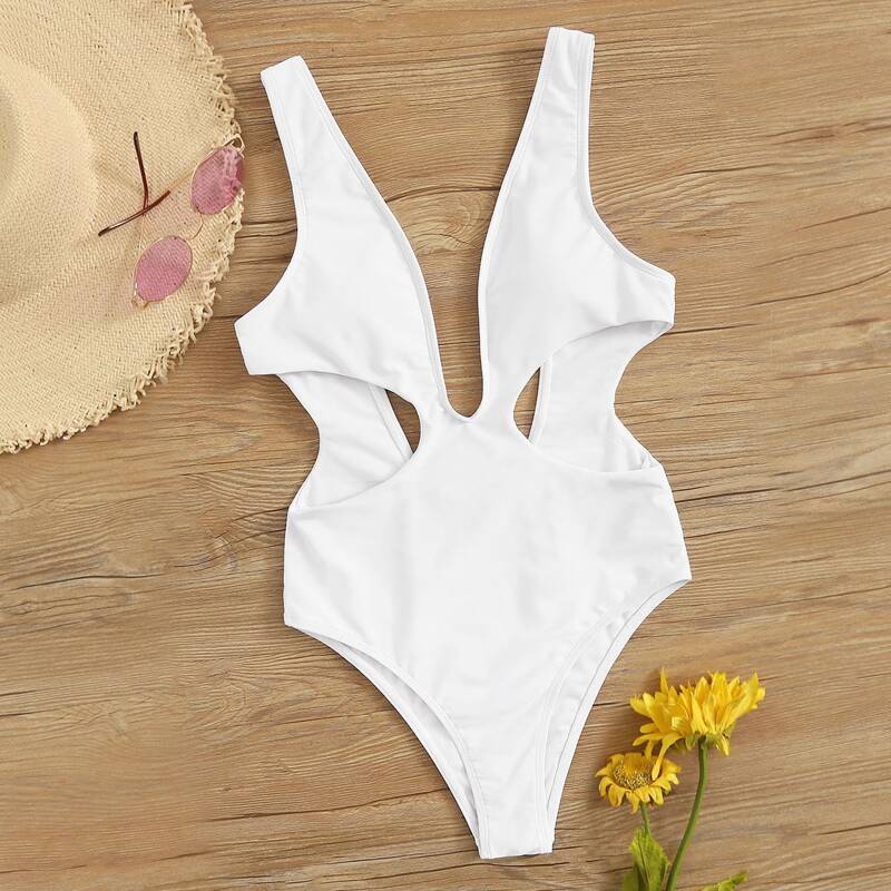

Plunging Neck One Shoulder One Piece Swimwear, White