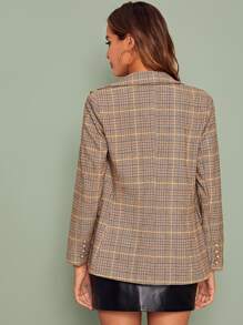 SHEIN Notch Collar Double Breasted Plaid Blazer - Beige - View 2