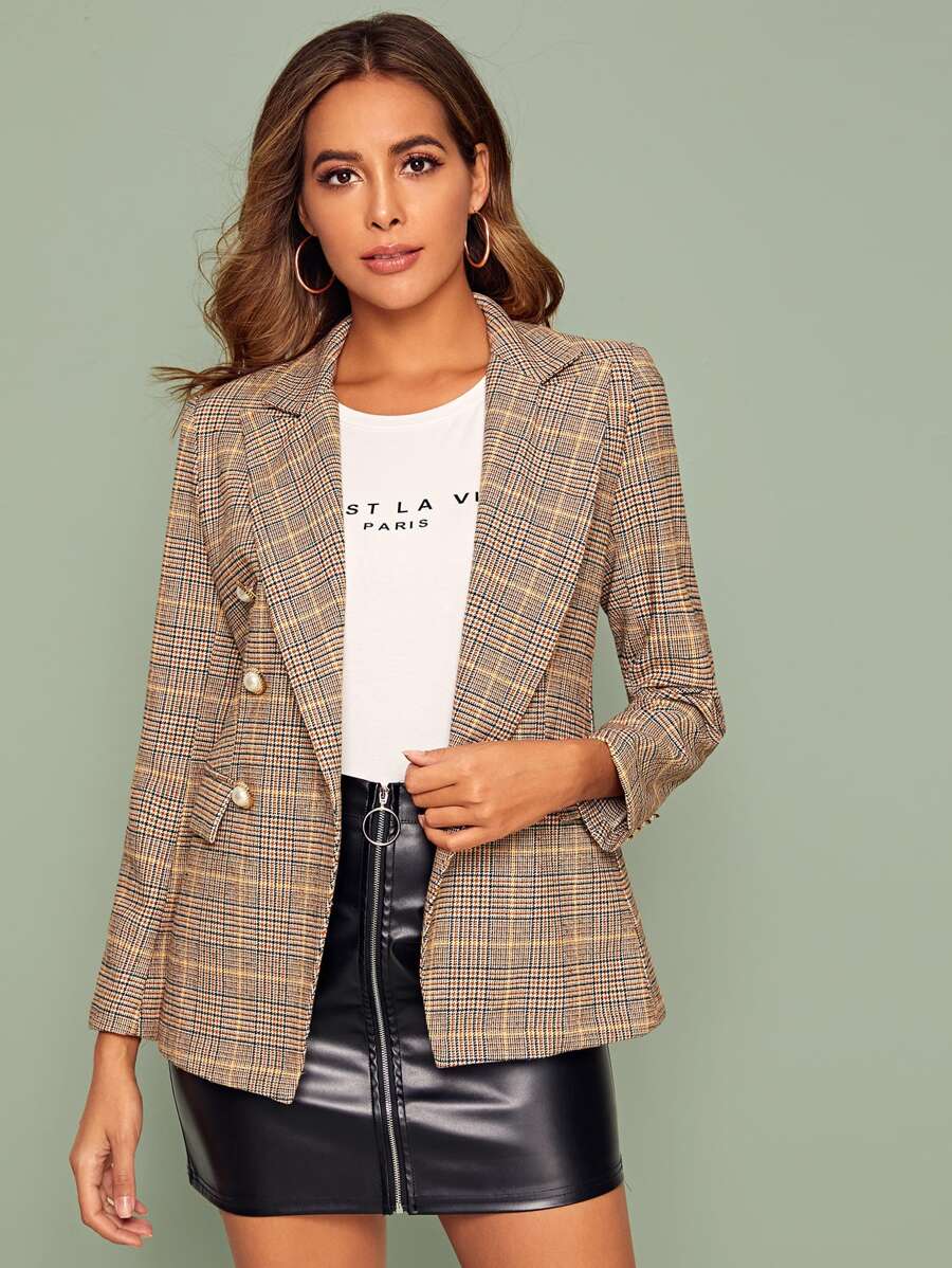 SHEIN Notch Collar Double Breasted Plaid Blazer - Beige - View 1
