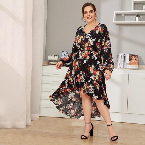 

Plus Floral Print High Low Ruffle Hem Dress, Black