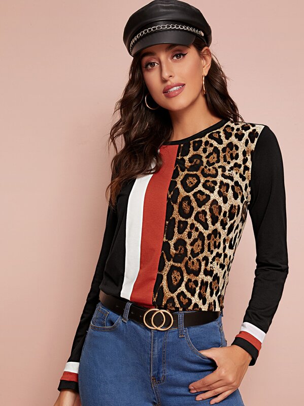 

Leopard Print Colorblock Tee, Multicolor, Mary P.