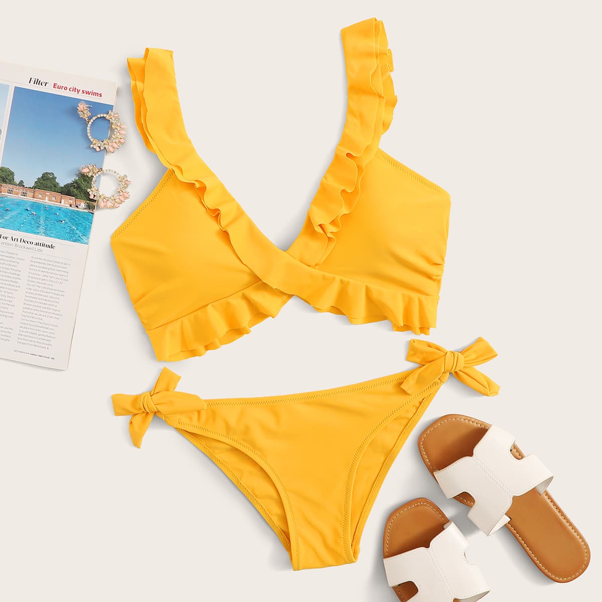 

Ruffle Trim Top With Tie Side Bikini Set, Yellow bright