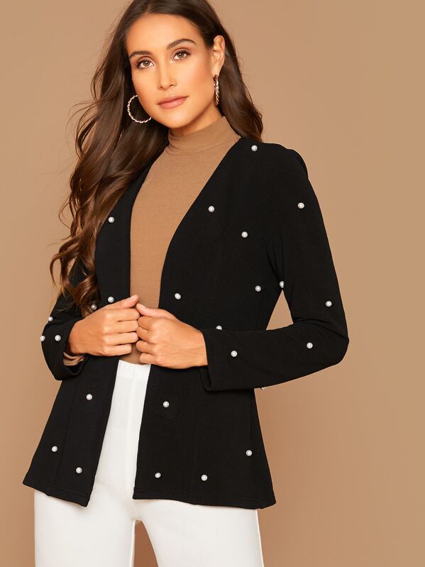 

Open Front Pearls Beaded Blazer, Black, Anna Herrin