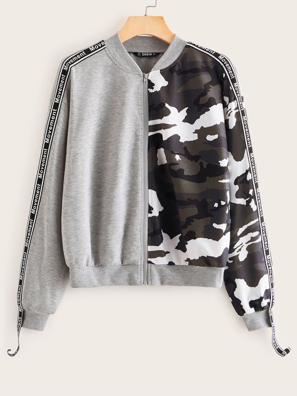 

Letter Tape Sleeve Camo Print Jacket, Grey