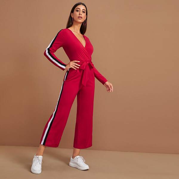 

Side Stripe Surplice Belted Jumpsuit, Red