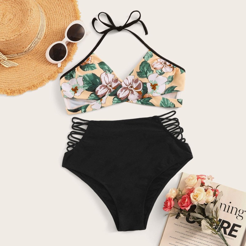 

Floral Halter Top With High Waist Bikini Set, Multicolor