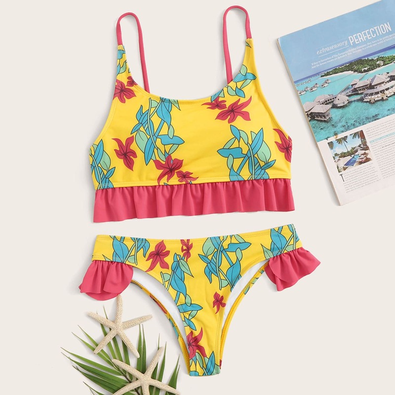 

Floral Print Ruffle Trim Tankini Set, Yellow