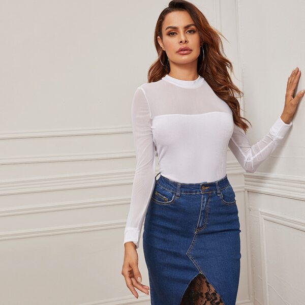 

Mesh Yoke Form Fitted Velvet Top, White