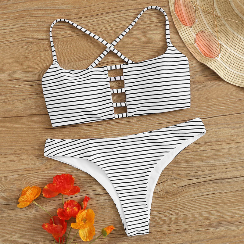 

Striped Lace-up Back Bikini Set, Black and white