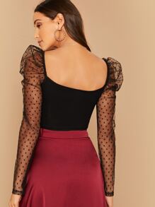 SHEIN Privé Dobby Sheer Mesh Gigot Sleeve Crop Top - Black - View 2