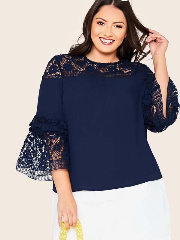 

Plus Keyhole Back Lace Insert Flounce Sleeve Top, Navy, Marcelle Pallais