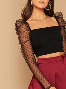 SHEIN Privé Dobby Sheer Mesh Gigot Sleeve Crop Top - Black - View 4
