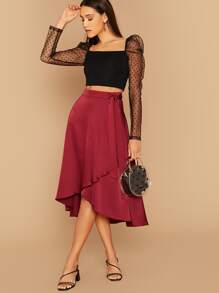 SHEIN Privé Dobby Sheer Mesh Gigot Sleeve Crop Top - Black - View 5