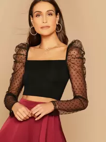 SHEIN Privé Dobby Sheer Mesh Gigot Sleeve Crop Top - Black - View 1