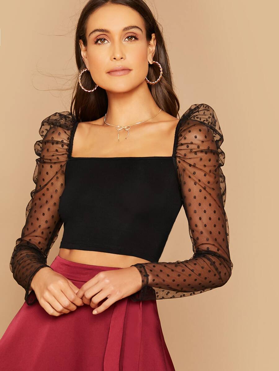SHEIN Privé Dobby Sheer Mesh Gigot Sleeve Crop Top - Black - View 1