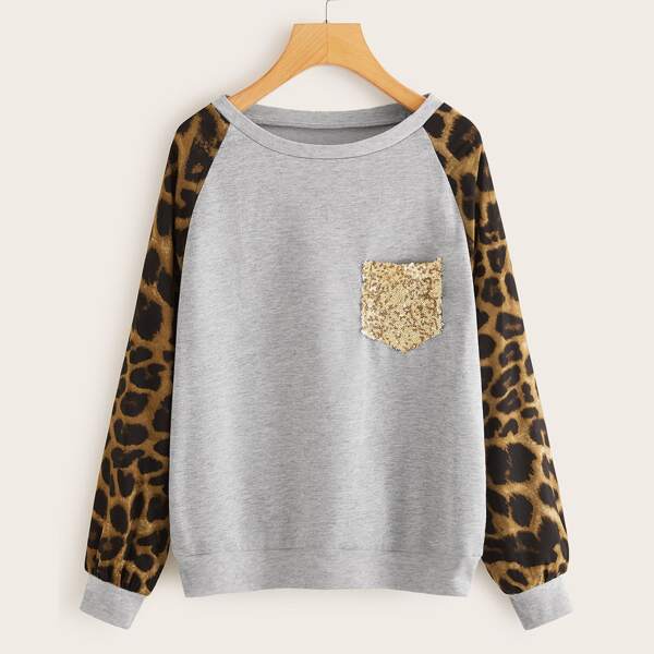 

Leopard Raglan Sleeve Sequins Pocket Sweatshirt, Multicolor